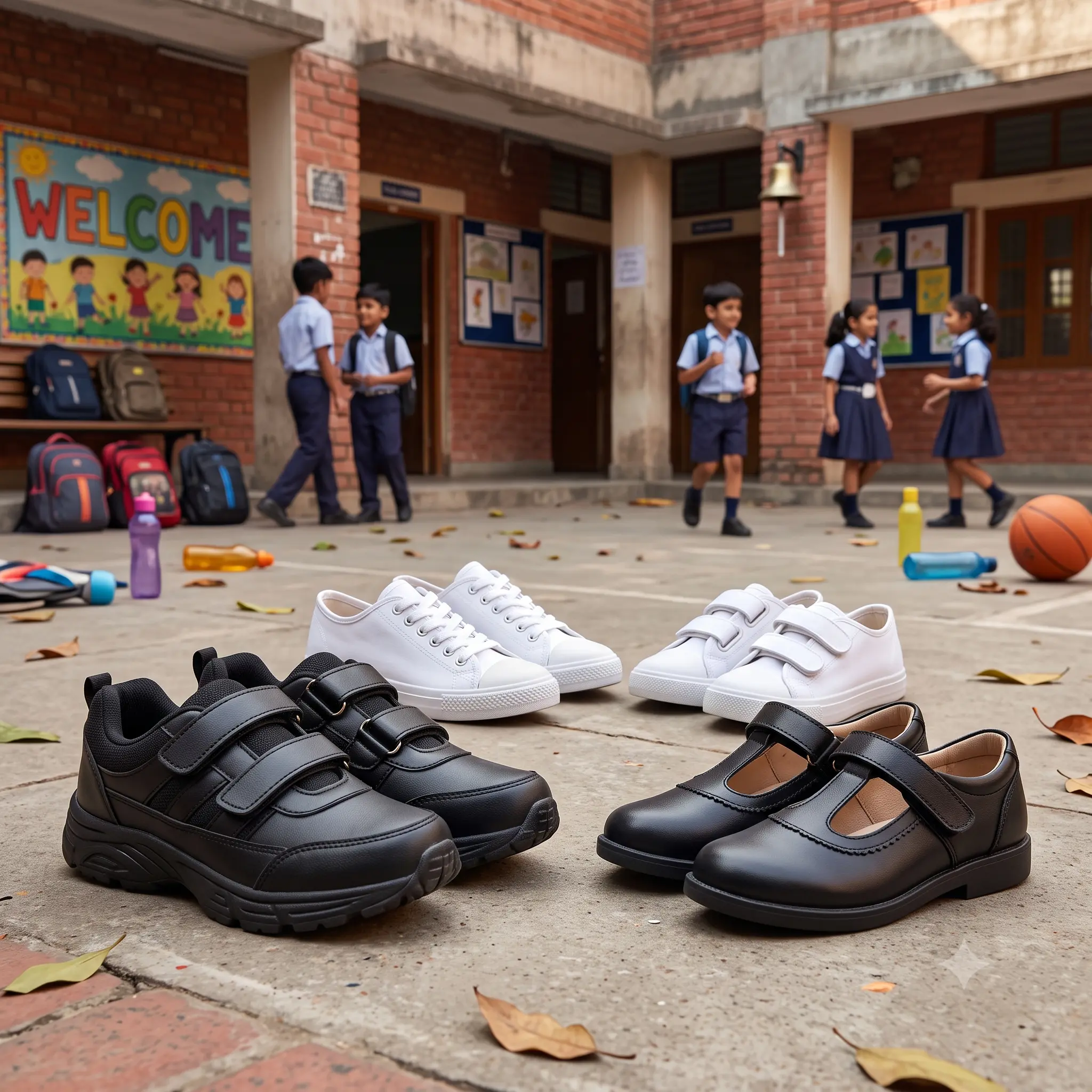 Indian school children wearing Phugo institutional formal school shoes