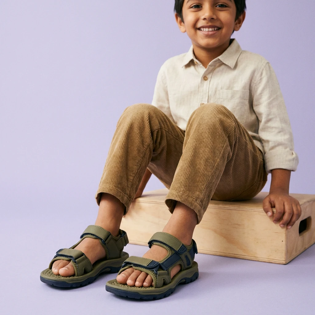 Indian boy wearing Phugo high-durability daily adventure sandals