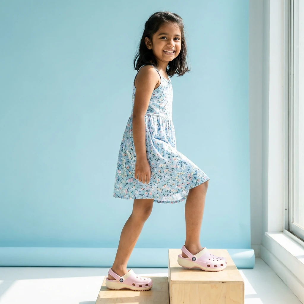 Indian girl wearing Phugo lightweight comfort clogs