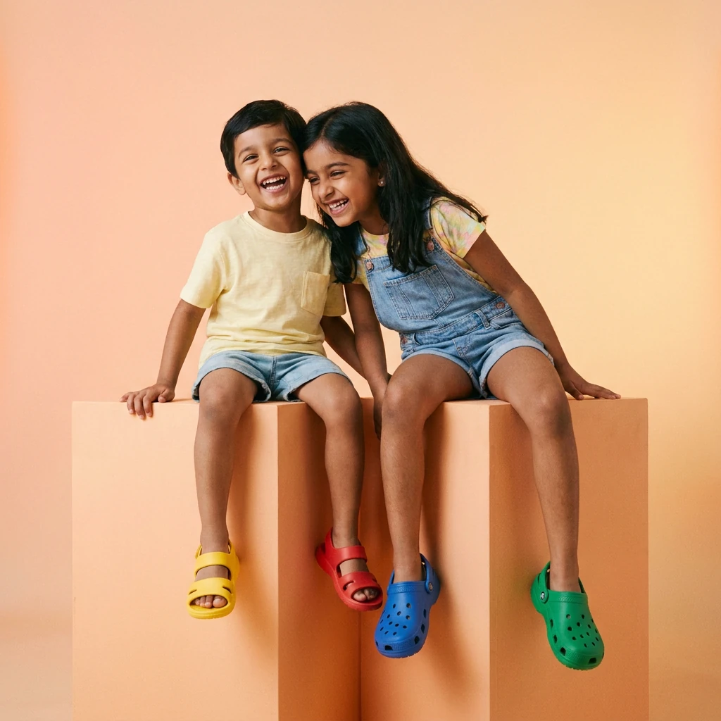 Indian children wearing Phugo universal daily play sandals and comfort clogs